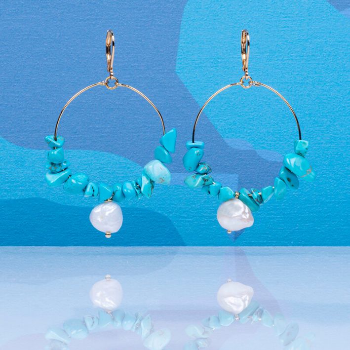 Boucles d'oreilles créoles turquoises naturelles et perles de culture