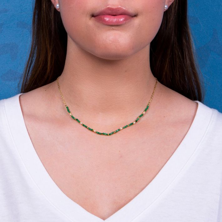 Collier Perles de culture et pierres naturelles vertes sur acier doré