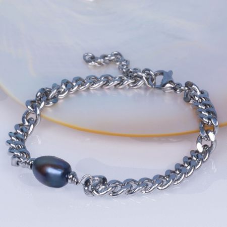 Bracelet homme chaîne en acier argenté et sa perle de culture