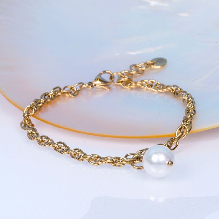 Bracelet KATE grosses mailles en acier doré et pampille perle de nacre blanche 