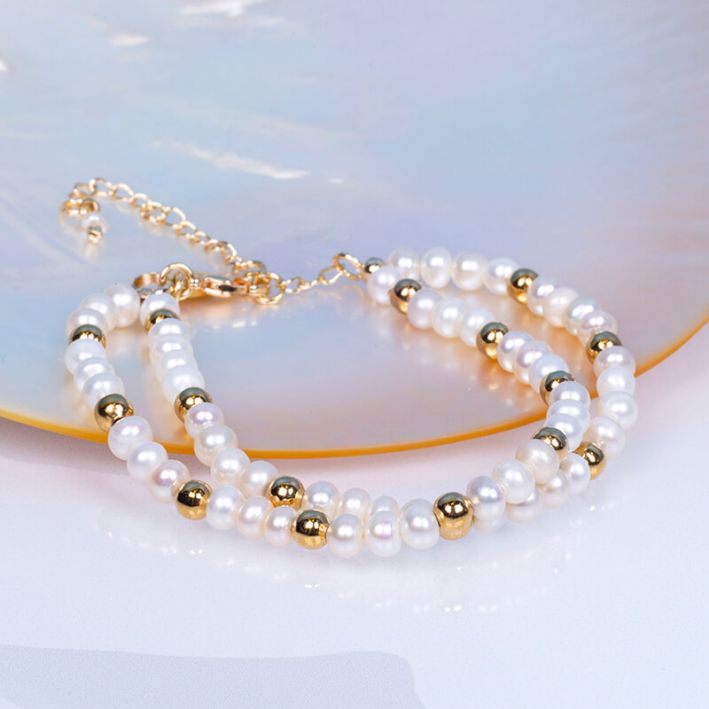 Bracelet THALIE double rangs perles de culture blanches et perles en acier doré