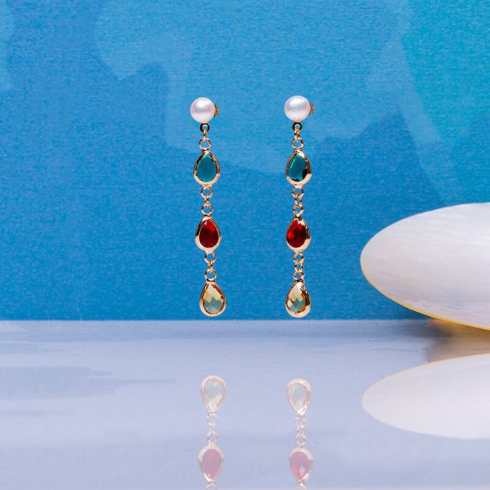 Boucles d'oreilles CALYPSO cascade de cristal multicolore sur puce perle