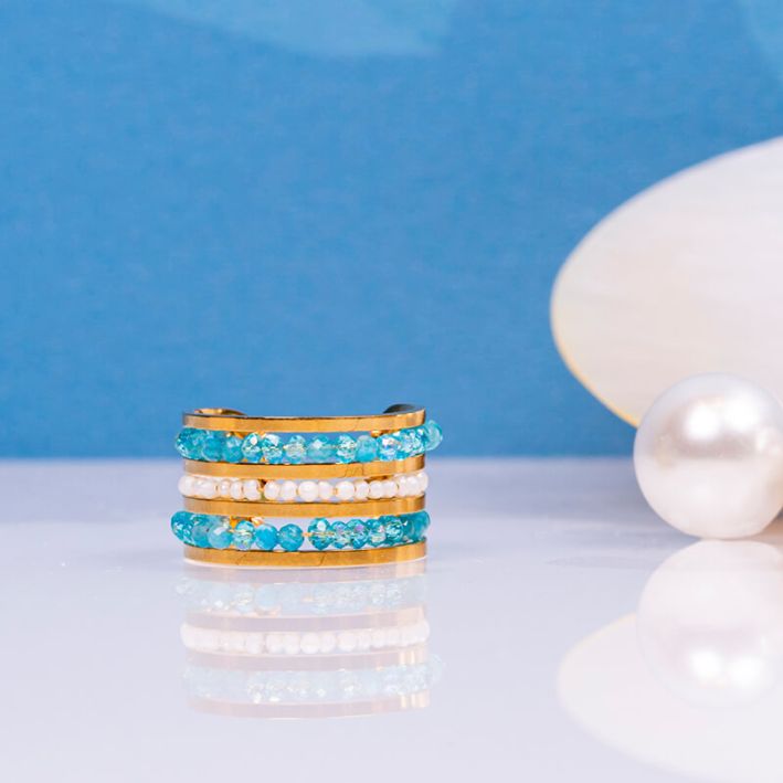 Bague EDEN bleue perles de culture, cristal et pierres naturelles 