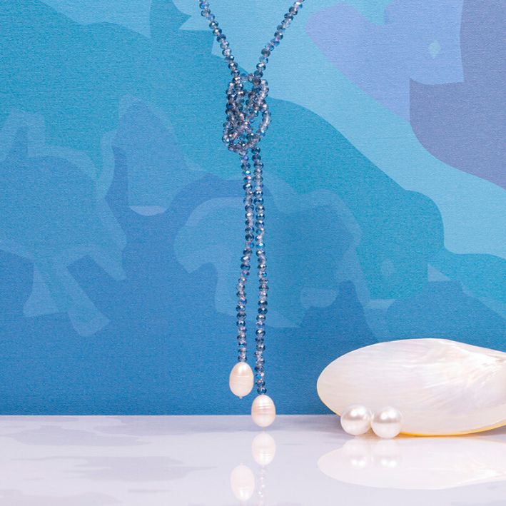 Sautoir CLEMENCE duo de perles scintillantes bleues et perles