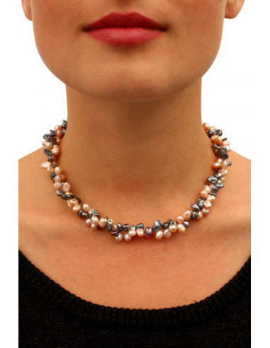 Collier perles de culture naturelle rares pétales grises et roses