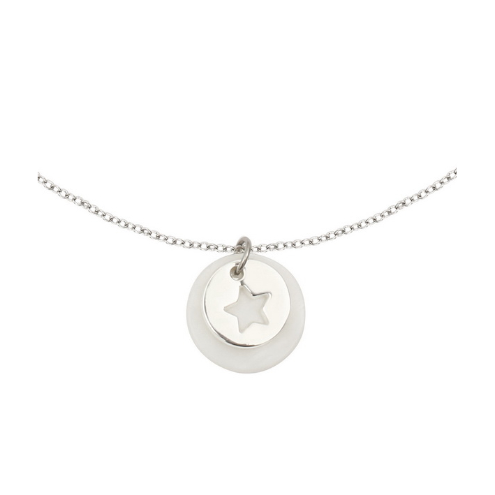Collier silhouette étoile en métal argenté rhodié sur une métaille en nacre naturelle blanche