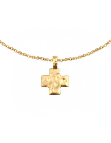 Collier pendentif ravissante croix en métal doré martelé
