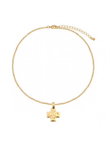 Collier pendentif ravissante croix en métal doré martelé