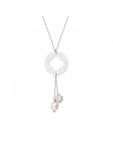 Collier pendentif trèfle de nacre et duo de véritable perle de culture blanche et shamballa scintillante