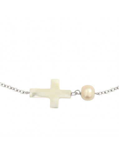 Collier croix en nacre et perle de culture sur chaîne