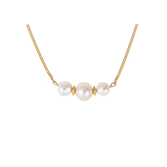 Collier 3 perles de culture blanches entourées d'anneaux dorés