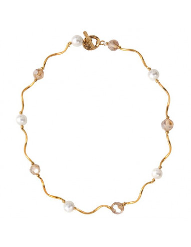Collier tubes dorés harmonie de perles de cristal et de perles de nacre