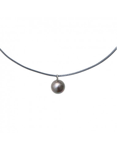 Collier une perle de nacre argentée sur cordon gris