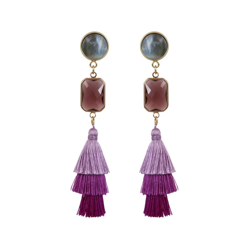 Boucles d'oreilles clip trio de pompons violets et cristal
