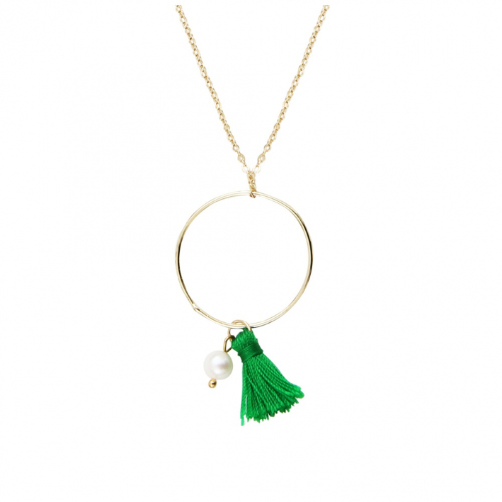 Collier un anneau pompon vert anis et perle