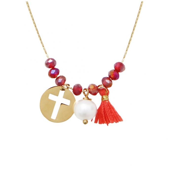 Collier perles cristal rouge rubis et pampilles médaille Croix, pompon et perle de culture sur acier doré