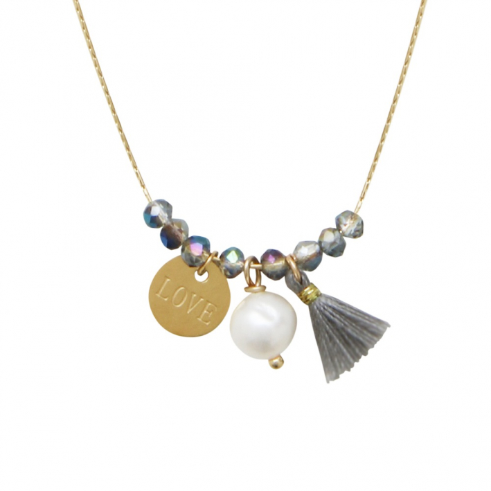 Collier perles cristal argenté et pampilles LOVE, pompon et perle de culture sur acier doré