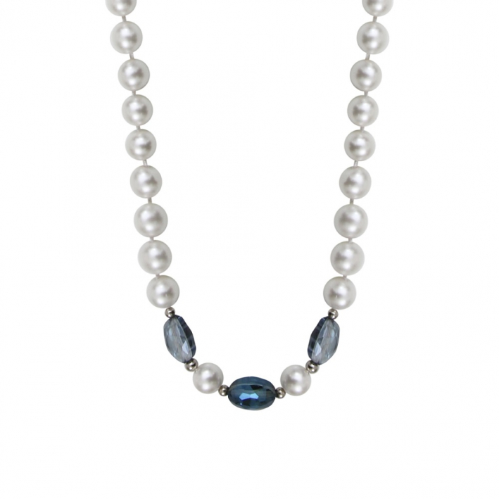 Sautoir perles de nacre et trio de cristal bleu facetté