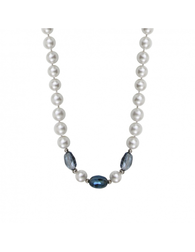 Sautoir perles de nacre et trio de cristal bleu facetté