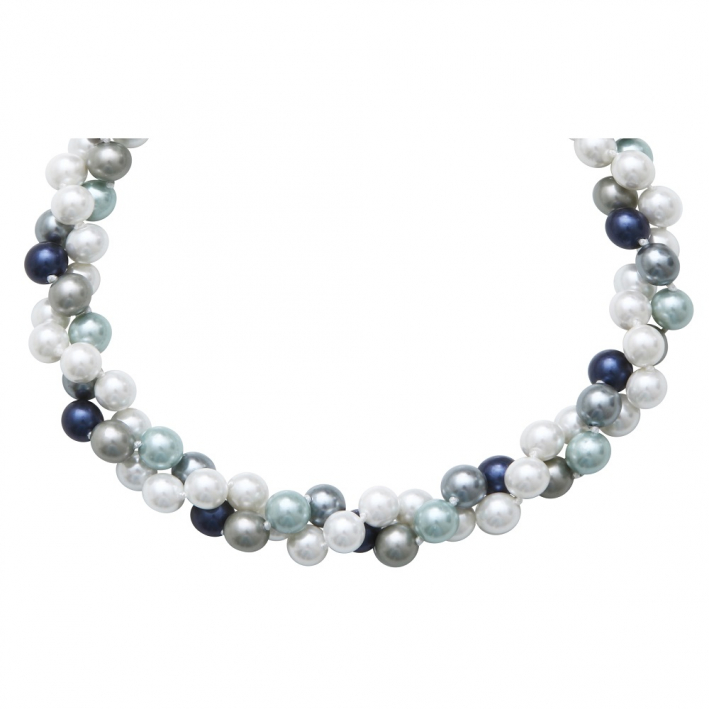 Collier double rangs perles de nacre en camaïeu de bleu, gris perle et blanc