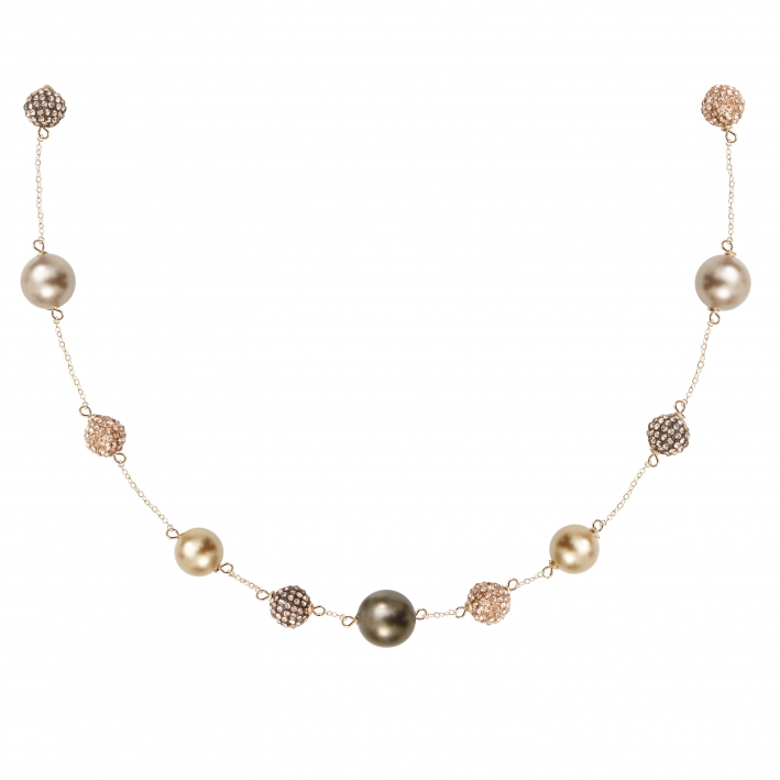 Collier perles de nacre et shamballas en déclinaison de dorés et or