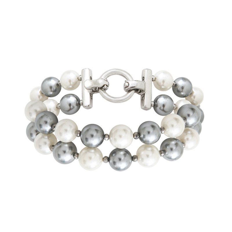 Bracelet double rang perles nacre bicolore et hématite