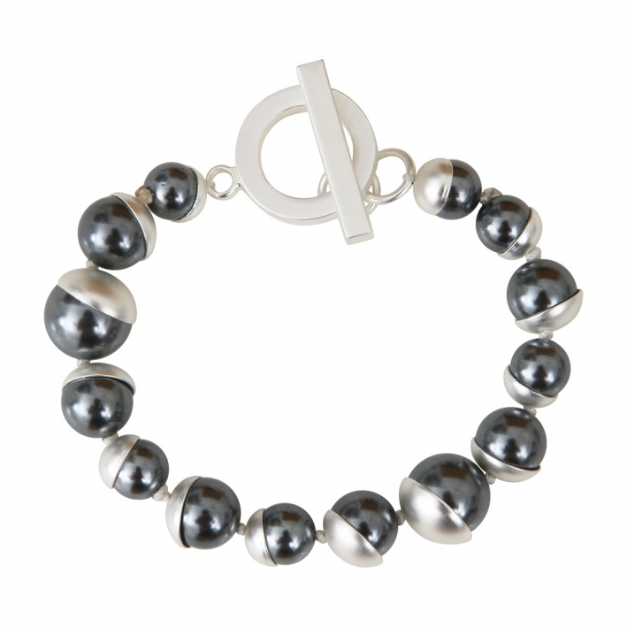 Bracelet perles nacre noire couronnées d'argenté