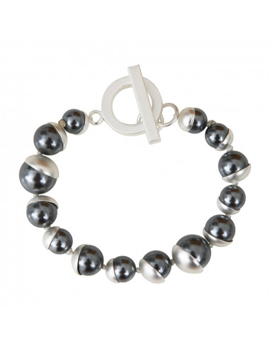 Bracelet perles nacre noire couronnées d'argenté