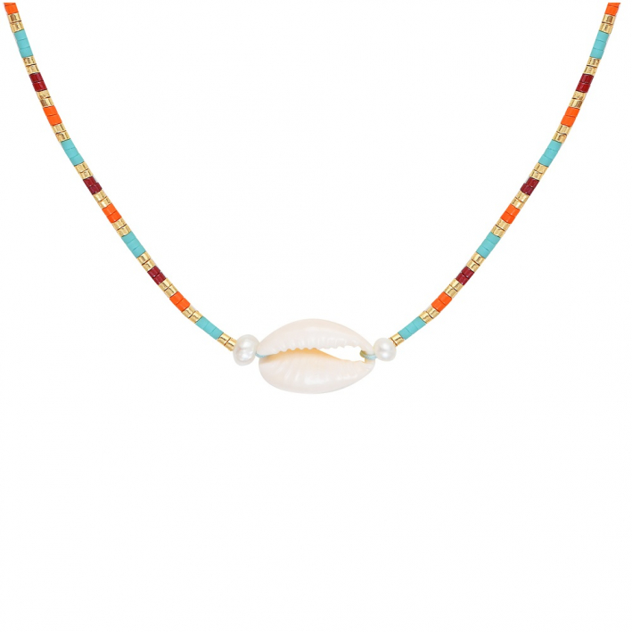 Collier perles de rocailles turquoises pompon et coquillage Kori