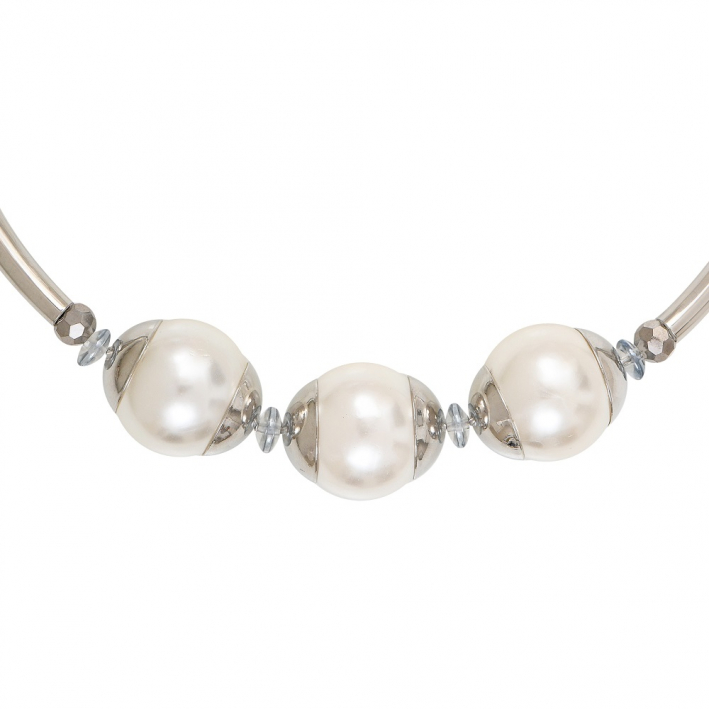 Collier triple perles de nacre blanche sur tubes argentés et cristal