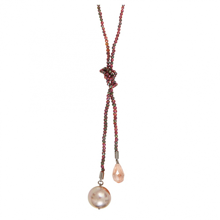 Sautoir hématite rose et perle de nacre et cristal en breloque