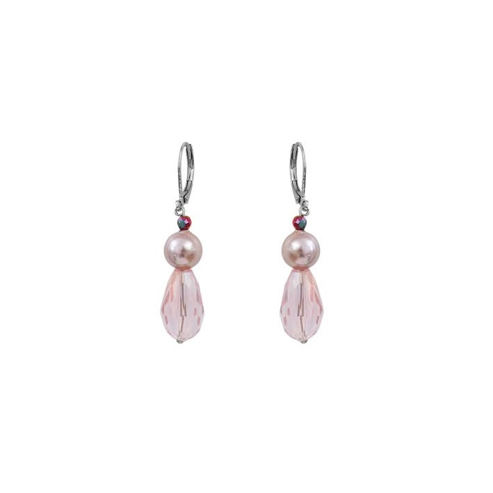 Boucles d'oreilles roses perles hématite nacre et goutte cristal