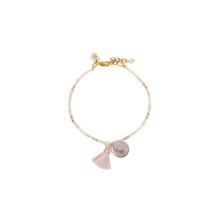 bracelet perles de rocailles tons roses médaille nacre et pompon