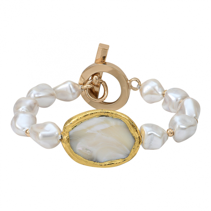 Bracelet médaille et perles de nacre blanche sur doré