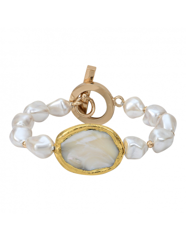 Bracelet médaille et perles de nacre blanche sur doré