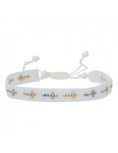 Bracelet blanc perles de rocaille tissées et croix