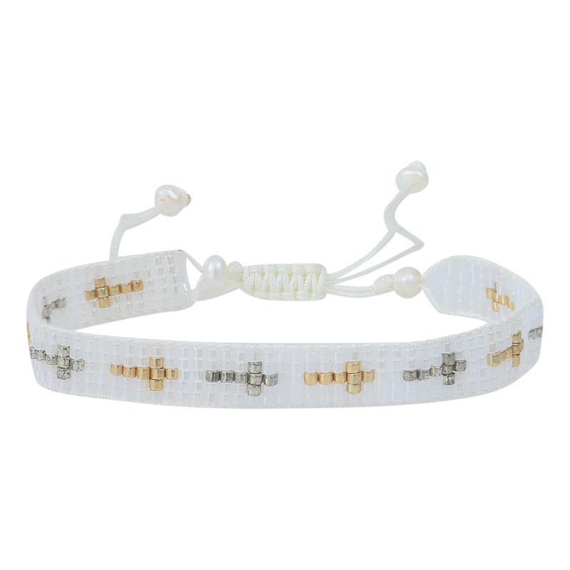 Bracelet blanc perles de rocaille tissées et croix