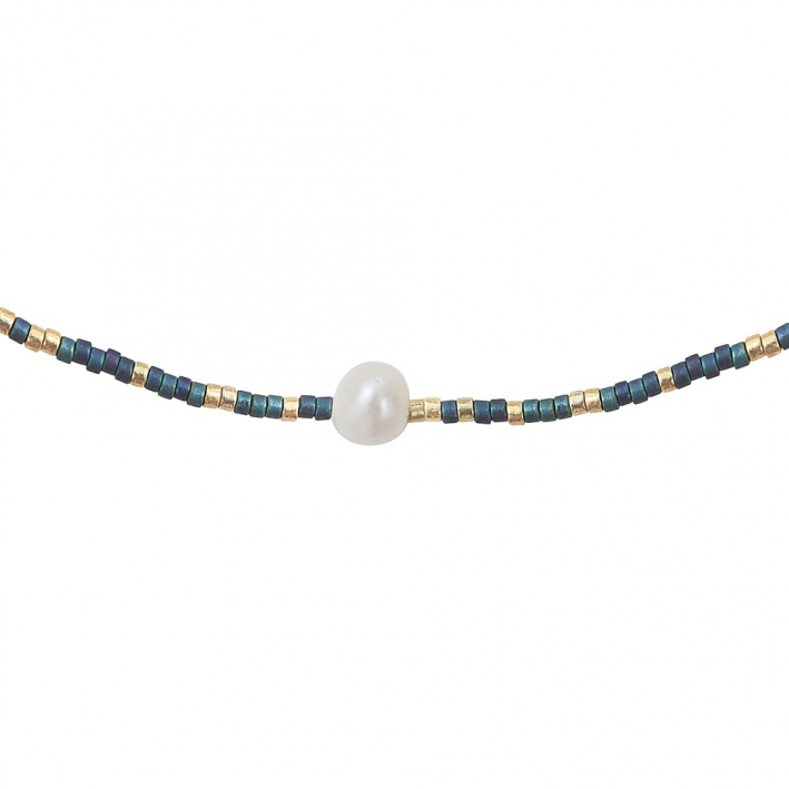 Collier perles de rocailles bleues dorées et perle blanche