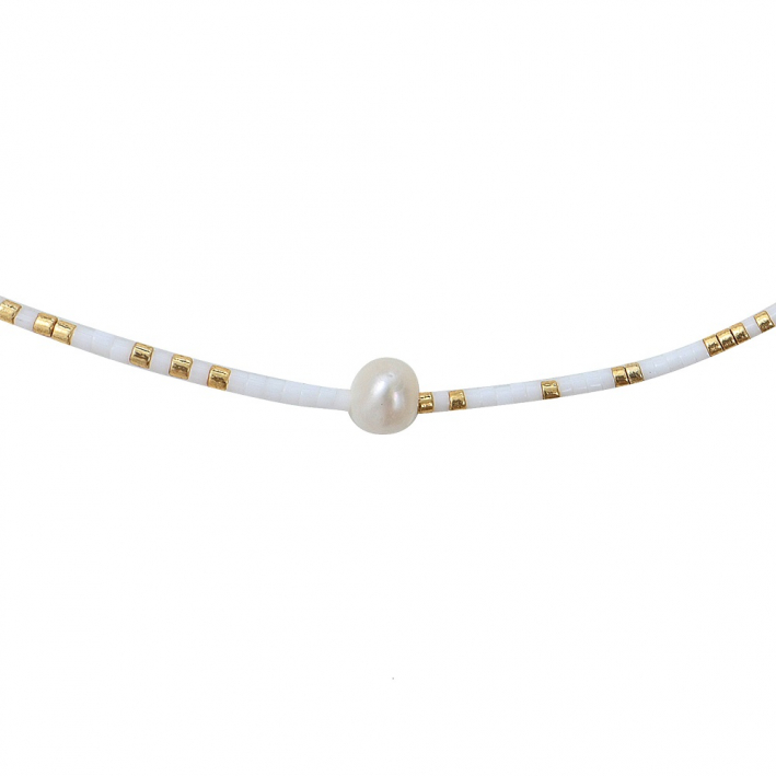 Collier perles de rocailles blanches et dorées et perle blanche