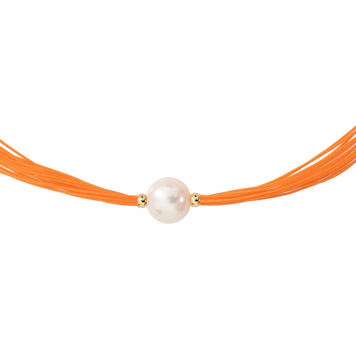Collier une perle de culture blanche sur multi-cordon orange