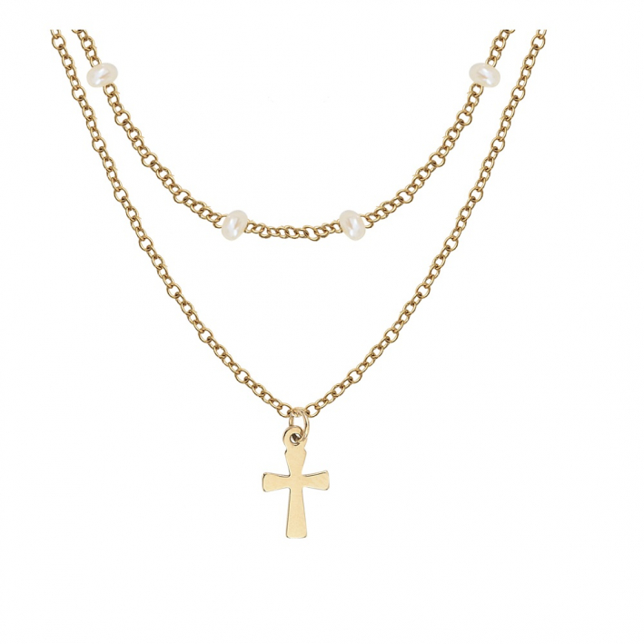 Collier double-rangs croix latine et perles de culture