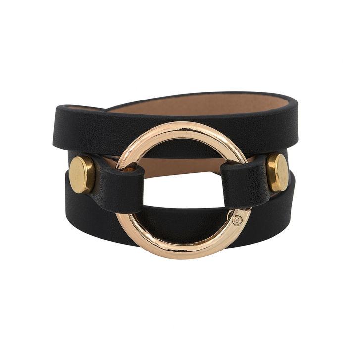 Bracelet triple rangs cuir noir et anneau acier doré