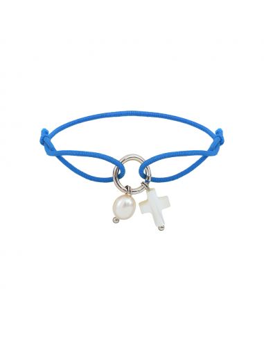 Bracelet breloques croix et perle sur élastique bleu