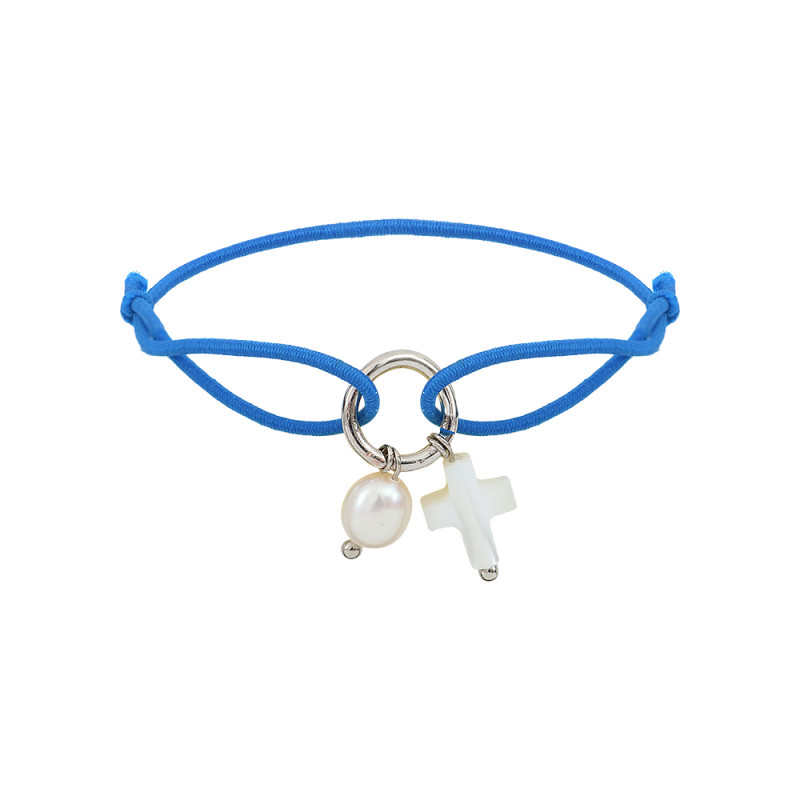Bracelet breloques croix et perle sur élastique bleu