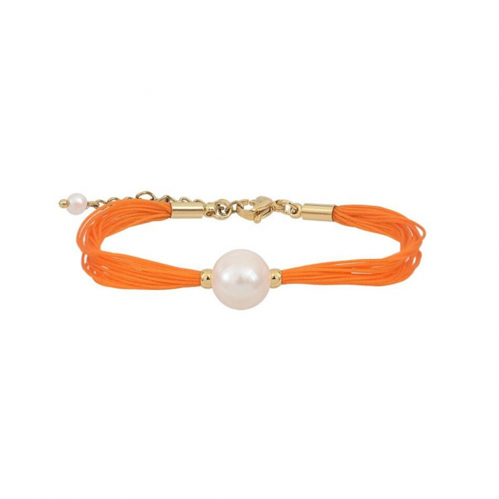 Bracelet une perle de culture blanche sur multi-cordon orange