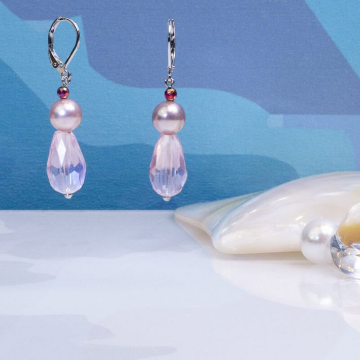 Boucles d'oreilles roses perles hématite nacre et goutte cristal