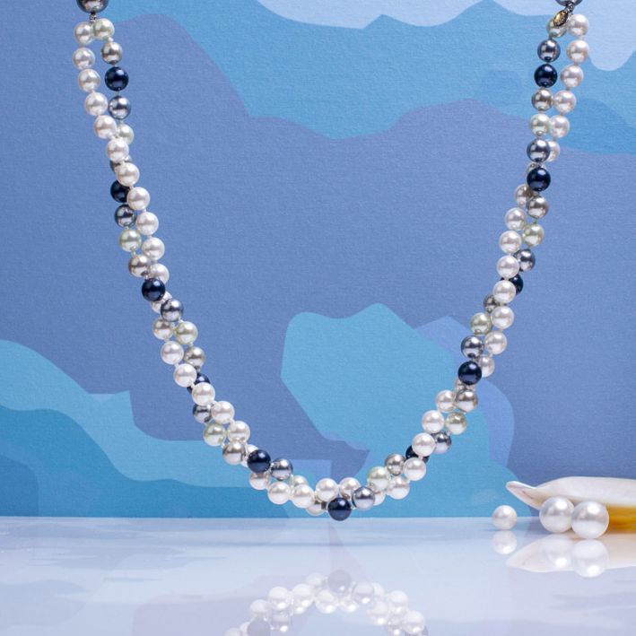 Collier double rangs perles de nacre camaïeu de bleus