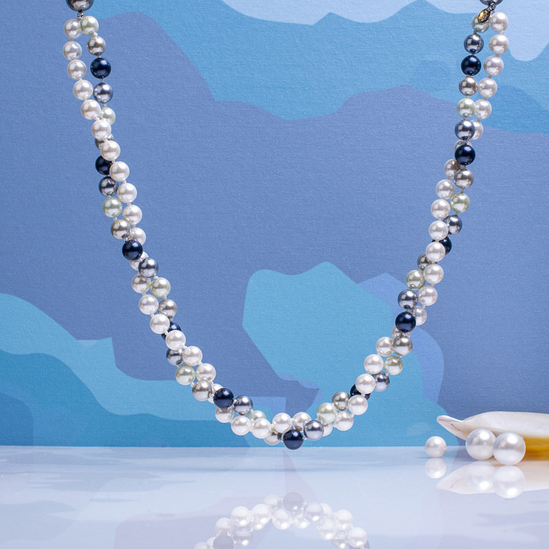 Collier double rangs perles de nacre camaïeu de bleus