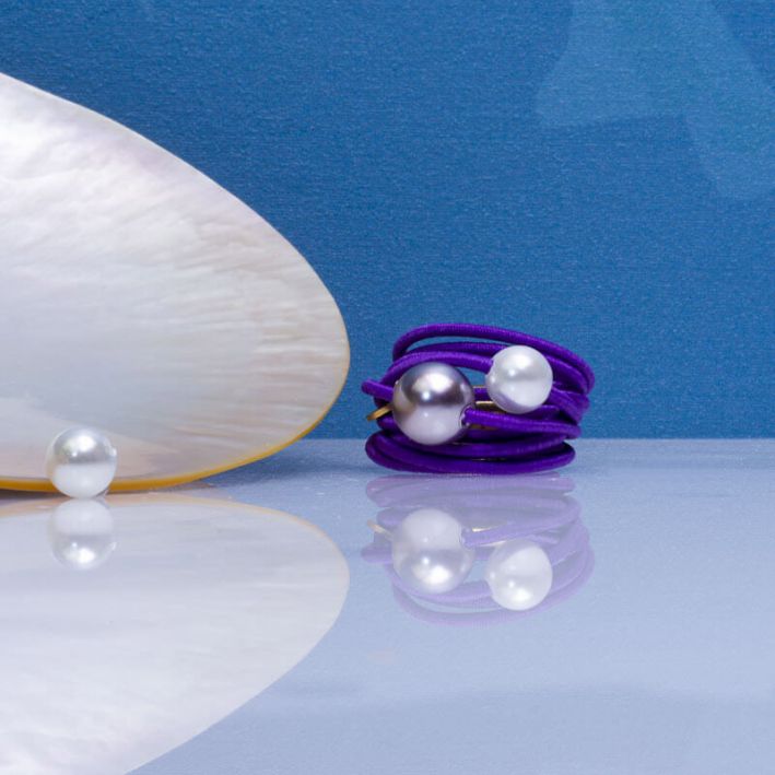 Bague multi rangs élastique violet et duo de perles de nacre