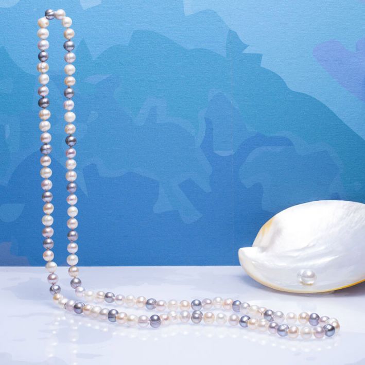 Sautoir perles de culture trio blanc, rose et argenté
